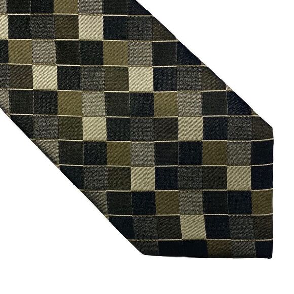 Foggia Silk Neck Tie Black Grey Green Diamond Pattern - Picture 2 of 4